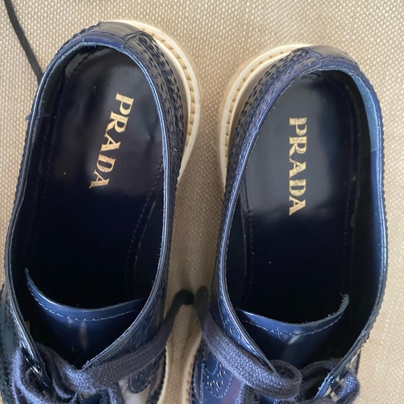 PRADA NAVY PATENT LEATHER YELLOW MICROSOLE PLATFORM ESPADRILLE BROGUES - Picture 8 of 11